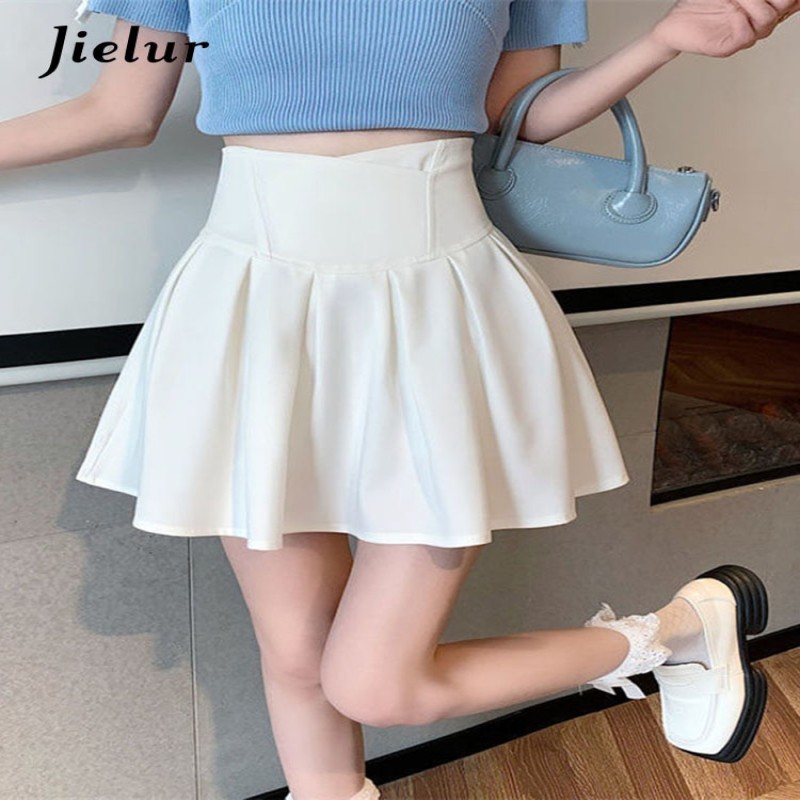 Jielur Fashion Women Zipper High Waist Mini Skirt Korean Style Anti-Glare Pleated Skirt Female Show Leg Length A-Line Skirts