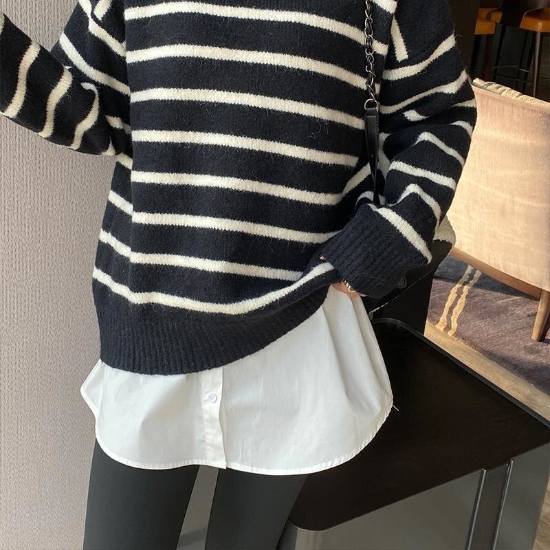 Small Fart Curtain Women Winter Matching With The Bottoming Artifact Sweater Fake Hem Overlapping And White Mini Shirt