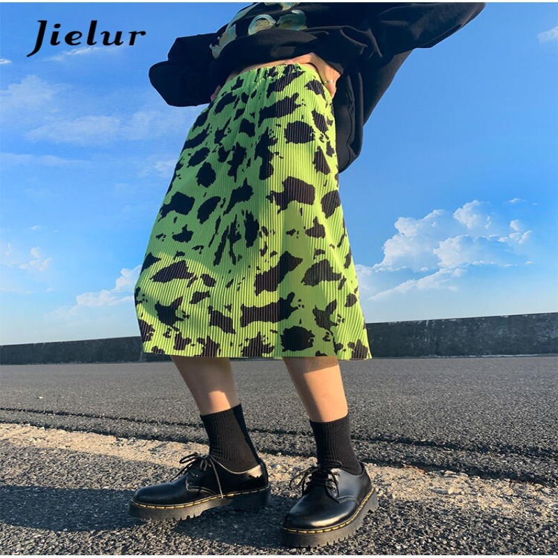 Jielur Streetwear Green Leopard Skirt Women Elastic High Waist Gothic Pleated A-line Female Korean Fashion Harajuku Skirt Summer