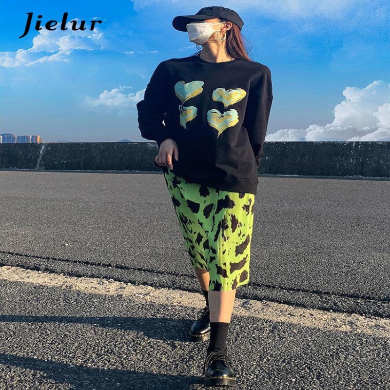 Jielur Streetwear Green Leopard Skirt Women Elastic High Waist Gothic Pleated A-line Female Korean Fashion Harajuku Skirt Summer