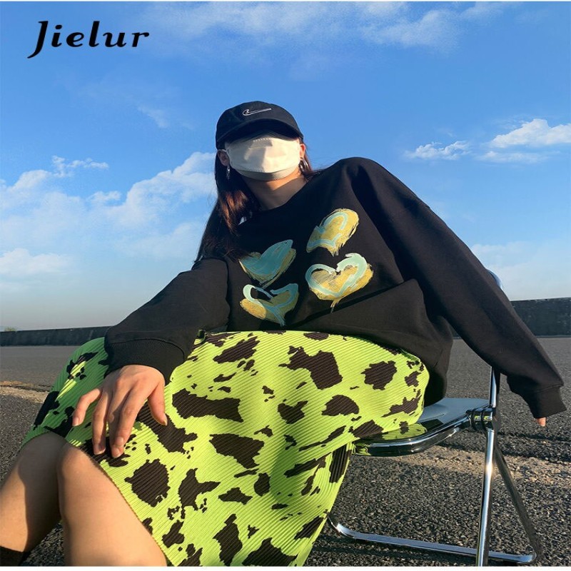 Jielur Streetwear Green Leopard Skirt Women Elastic High Waist Gothic Pleated A-line Female Korean Fashion Harajuku Skirt Summer