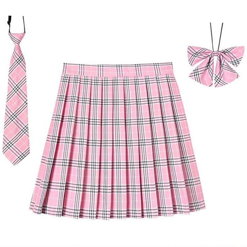 Women Plaid Pleat Skirt With Necktie Bowtie XS- 5XL Harajuku Preppy Mini Japanese School Uniforms Girls Summer Jupe Kawaii Skirt