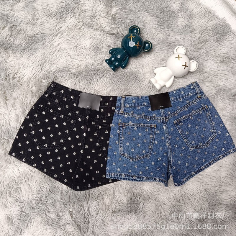 LUXE&amp;ENVY Aw New Denim Shorts For Spring Summer 2023 Printed With Hot Diamond Letters Thin High Waist Wide Leg Shorts