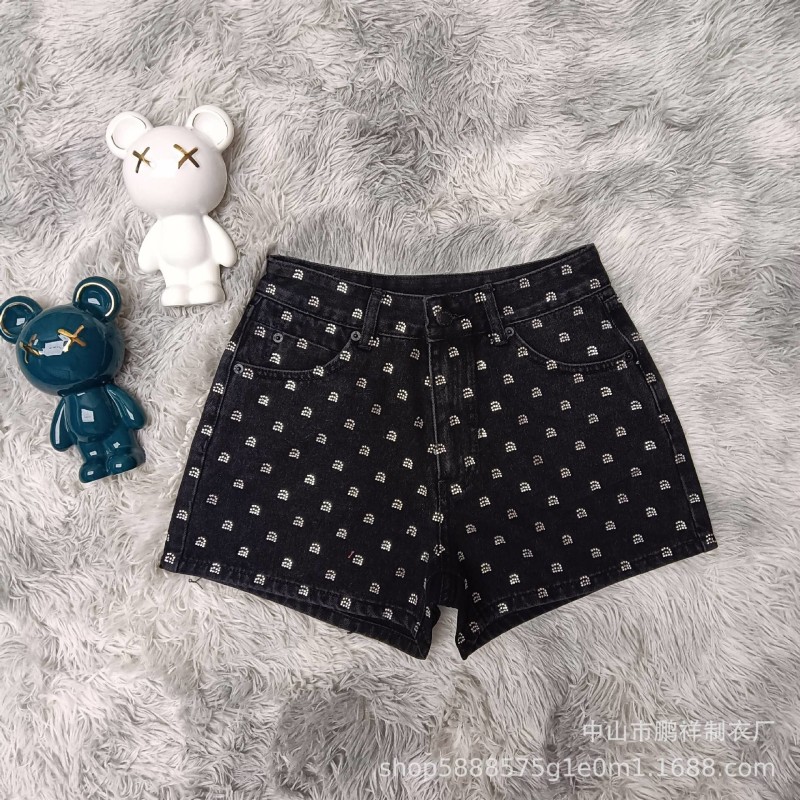 LUXE&amp;ENVY Aw New Denim Shorts For Spring Summer 2023 Printed With Hot Diamond Letters Thin High Waist Wide Leg Shorts