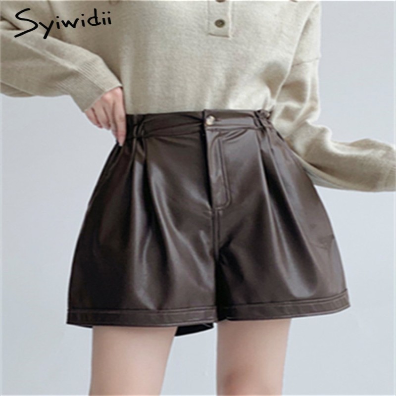 Syiwidii Leather Shorts for Women Spring Summer 2023 New High Waisted Straight Wide Leg Casual Korean Fashion Harajuku Shorts