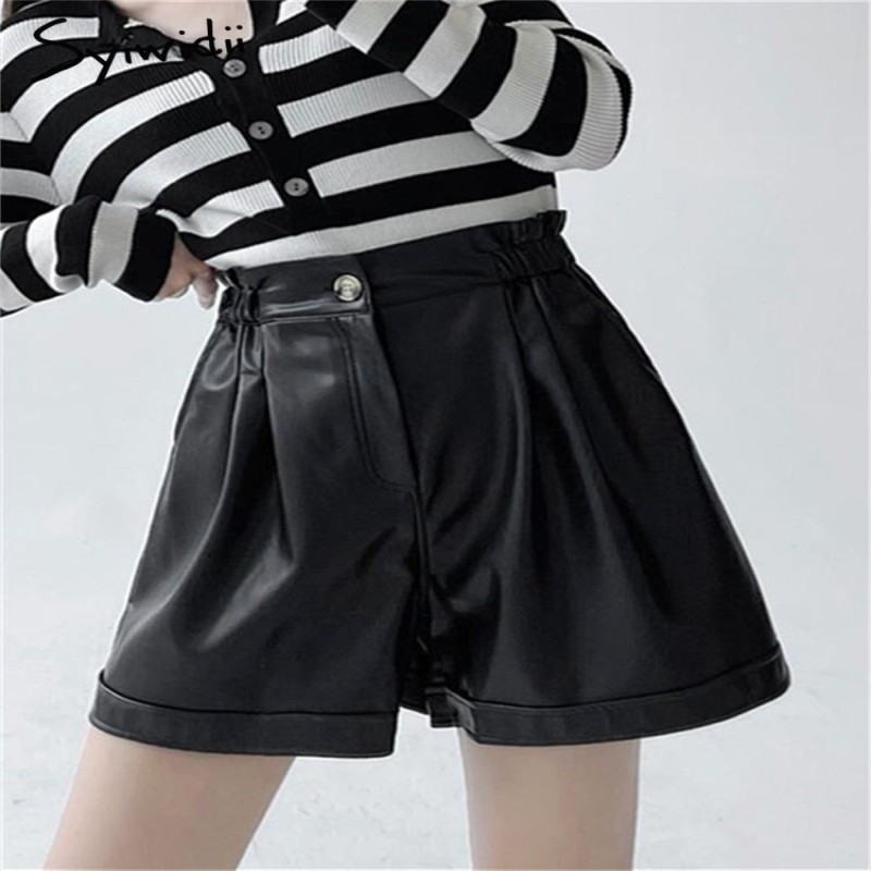 Syiwidii Leather Shorts for Women Spring Summer 2023 New High Waisted Straight Wide Leg Casual Korean Fashion Harajuku Shorts