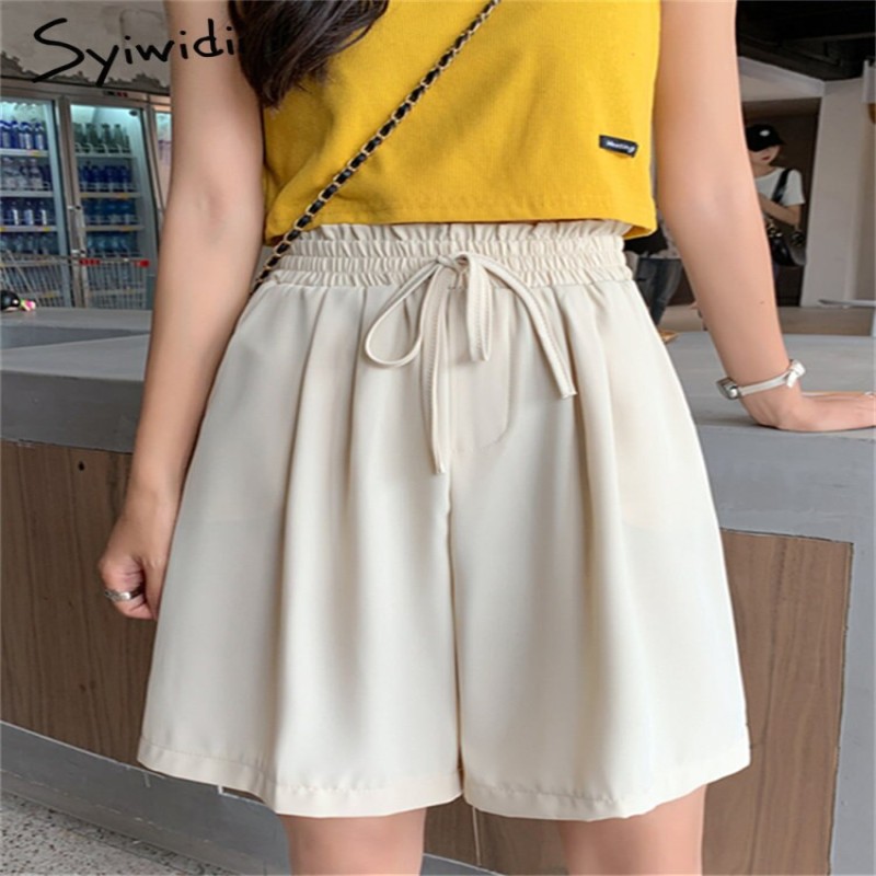 Syiwidii Solid Shorts for Women High Waisted Korean Fashion Drawstring Wide Leg Shorts Casual Straight Baggy Shorts Summer 2023