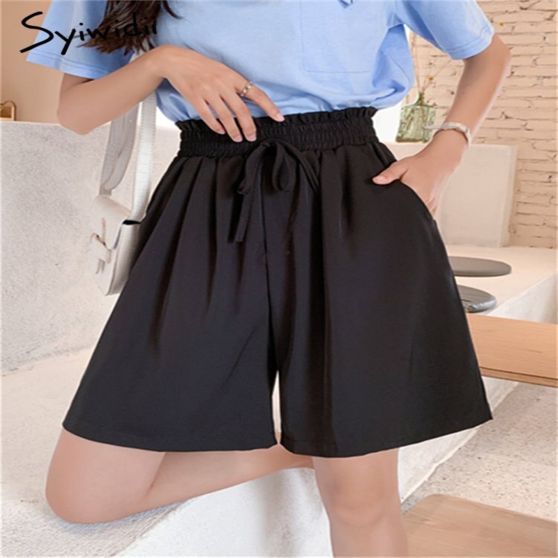 Syiwidii Solid Shorts for Women High Waisted Korean Fashion Drawstring Wide Leg Shorts Casual Straight Baggy Shorts Summer 2023