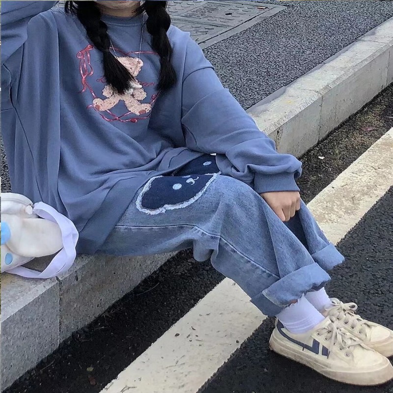 Gengxing bear embroidered jeans wide leg pants straight leg pants women high waist loose casual jeans youth girls cute jeans