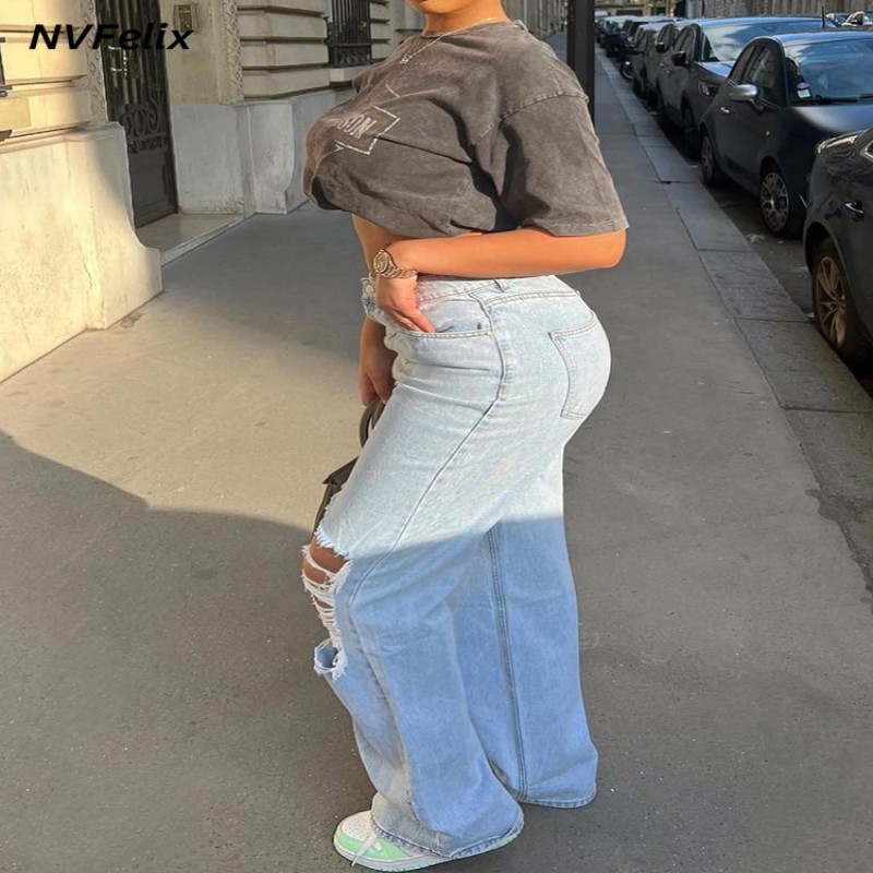 Vintage Baggy Ripped Jeans Women Fashion 90s Loose Wide Leg High Waist Straight Pants Y2k Washed Blue Denim Trousers Streetwear