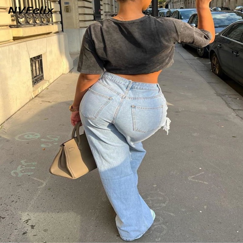 Vintage Baggy Ripped Jeans Women Fashion 90s Loose Wide Leg High Waist Straight Pants Y2k Washed Blue Denim Trousers Streetwear