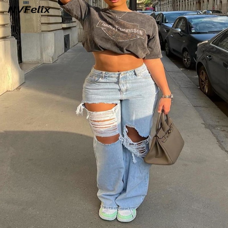 Vintage Baggy Ripped Jeans Women Fashion 90s Loose Wide Leg High Waist Straight Pants Y2k Washed Blue Denim Trousers Streetwear