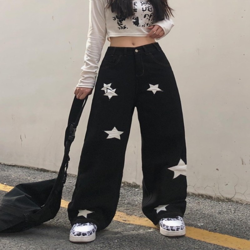 HOUZHOU Y2K Retro Streetwear Black Cargo Jeans Women Gothic Punk Vintage Kpop Print Wide Leg Denim Panrts Female Autumn Trousers