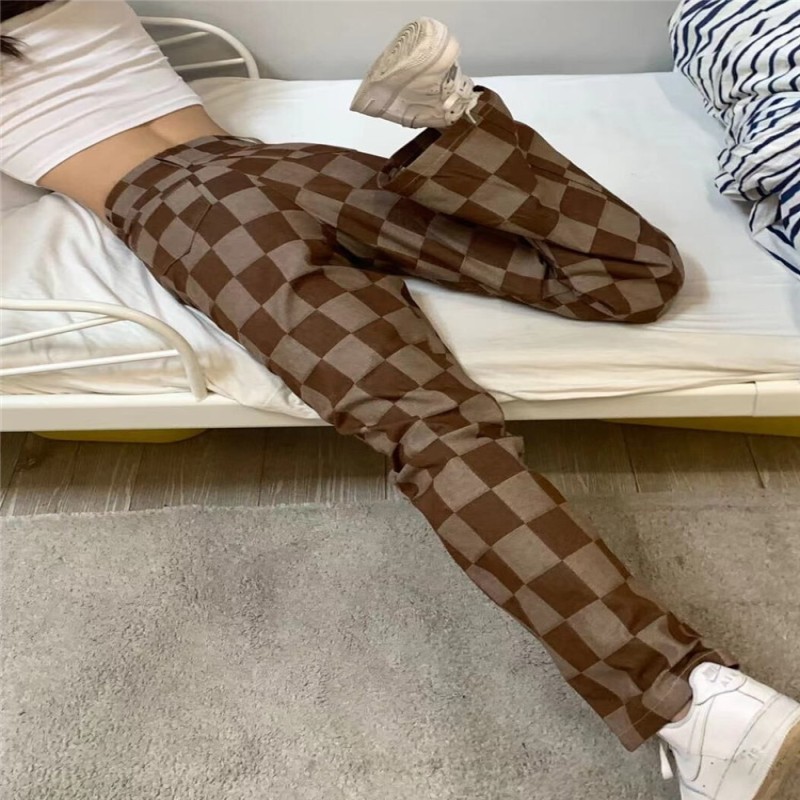 Plaid high waist denim wide leg pants women's Vintage denim old brown jeans 2022 autumn new casual denim straight pants