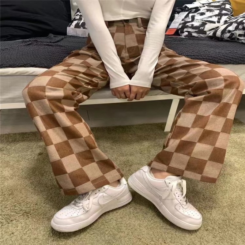 Plaid high waist denim wide leg pants women's Vintage denim old brown jeans 2022 autumn new casual denim straight pants