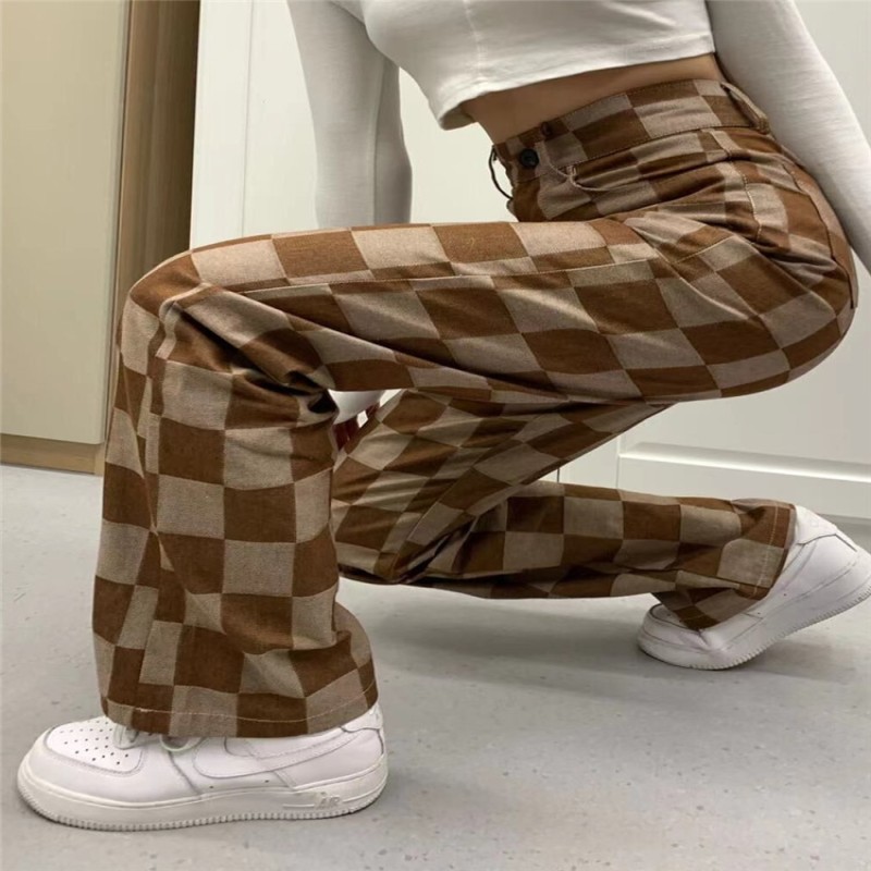 Plaid high waist denim wide leg pants women's Vintage denim old brown jeans 2022 autumn new casual denim straight pants