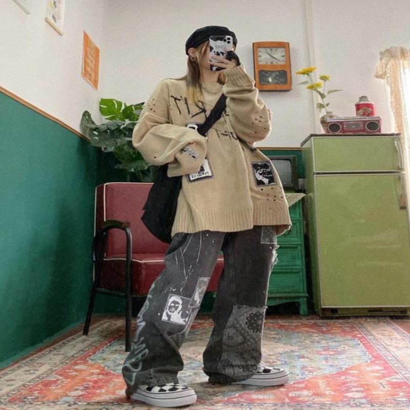 HOUZHOU Grunge Vintage Women Fashion Jeans Streetwear Patchwork Baggy Denim Pants Harajuku Hippie Casual Wide Leg Trousers