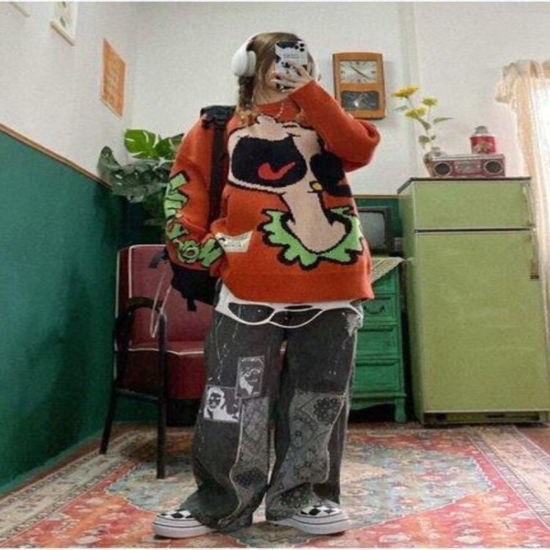 HOUZHOU Grunge Vintage Women Fashion Jeans Streetwear Patchwork Baggy Denim Pants Harajuku Hippie Casual Wide Leg Trousers