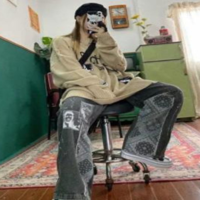 HOUZHOU Grunge Vintage Women Fashion Jeans Streetwear Patchwork Baggy Denim Pants Harajuku Hippie Casual Wide Leg Trousers