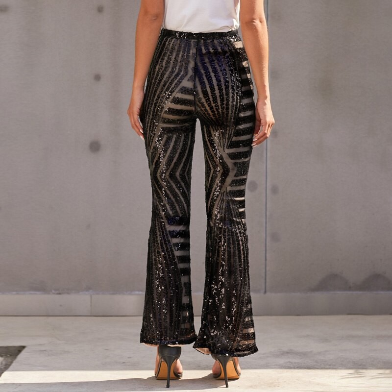 Black sequins wide leg pants casual high waist pants