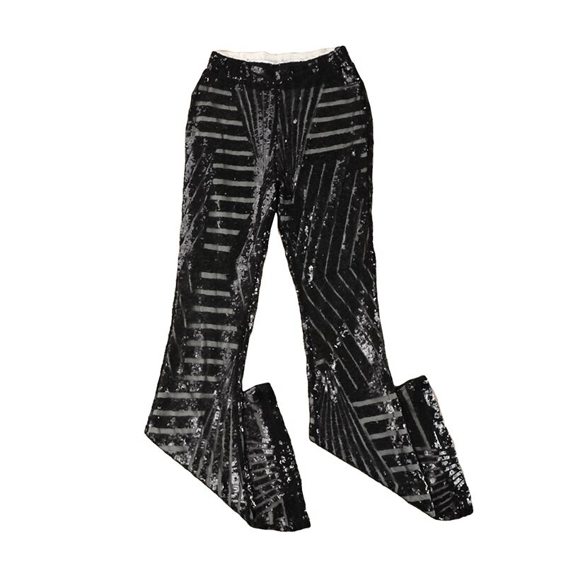 Black sequins wide leg pants casual high waist pants