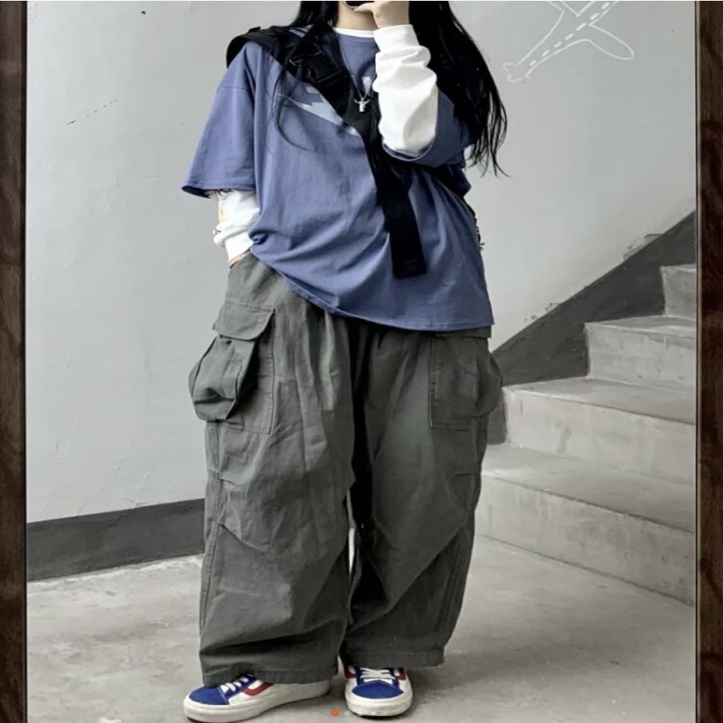 HOUZHOU Harajuku Baggy Gray Cargo Pants Women Japanese Style Hip Hop Oversized Pockets Jogging Sweatpants Cotton Korean Fashion