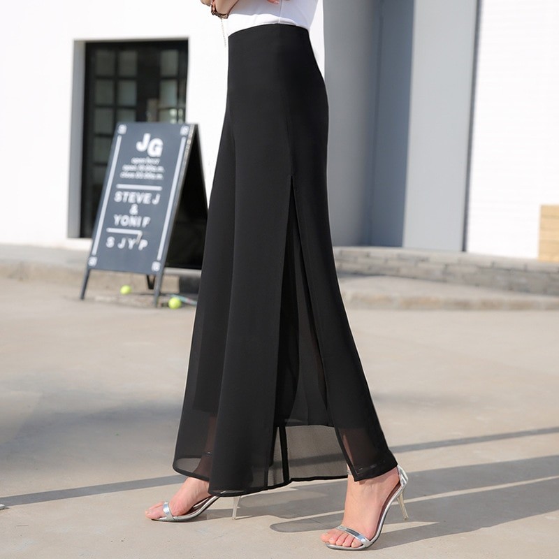 2023 Chiffon Culottes High-Waisted Trousers L Skirt Gauze Loose Shuai Ku Straight Casual Pants Slit Wide Leg Pants Female
