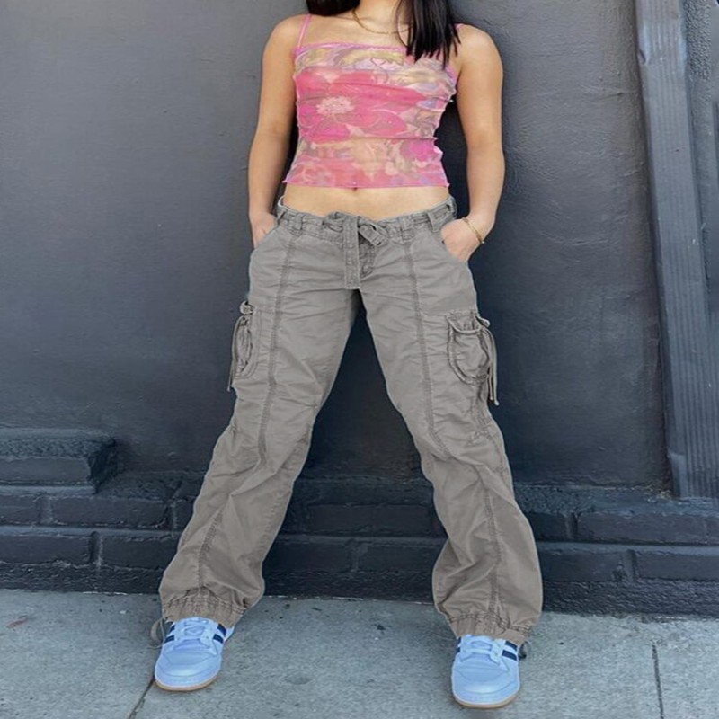 ColdYingan Grey y2k Cargo Pants Tie Up Cute Summer Trousers Baggy Patch Ruched Pockets Sweatpants Women Harajuku Joggers Korean