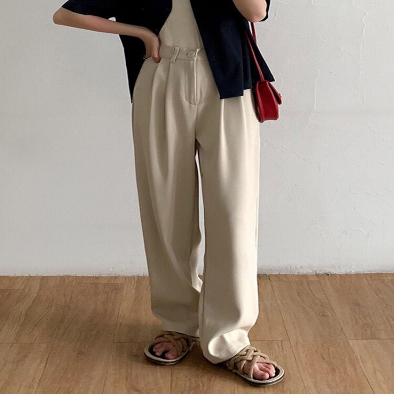 Zoki High Waist Women Suit Pants Straight Black Korean Office Ladies Trousers Fashion Button Loose Spring Female Pants New