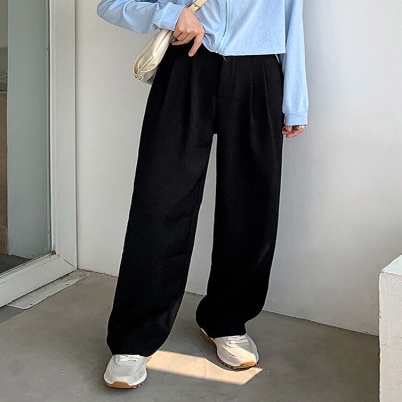 Zoki High Waist Women Suit Pants Straight Black Korean Office Ladies Trousers Fashion Button Loose Spring Female Pants New