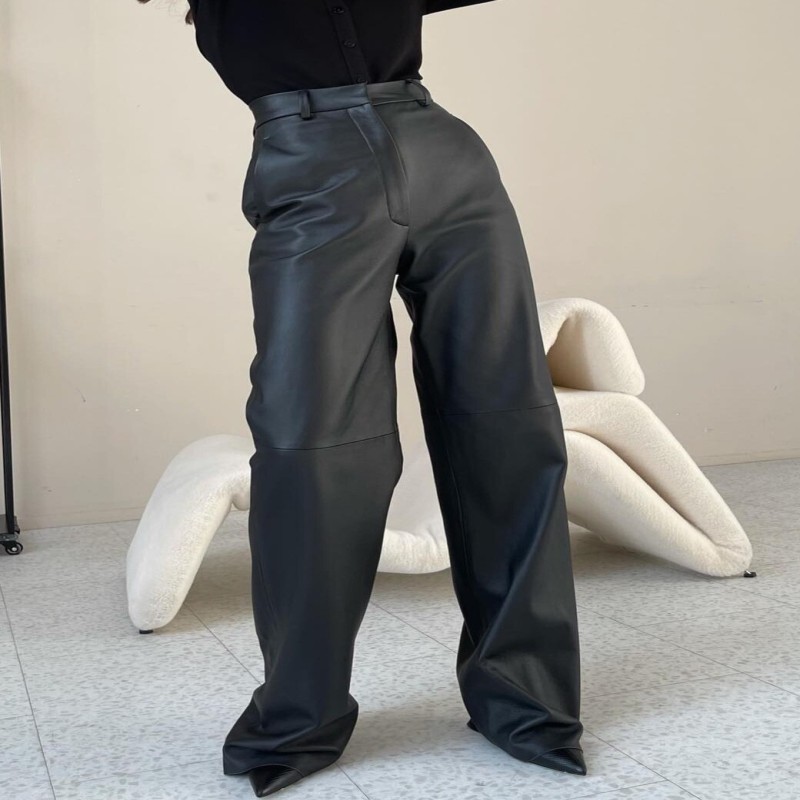 Black PU Leather Pants for Women 2023 Spring Straight Office Wide Leg Trousers Women Classic High Waist Elegant Stacked Pants