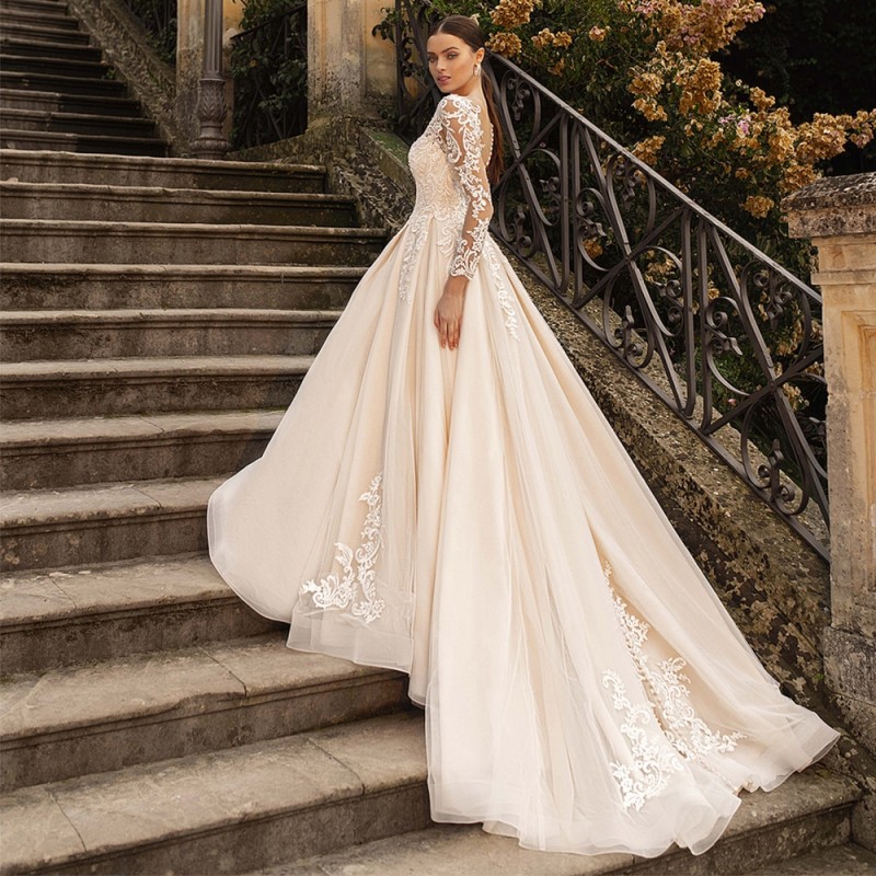 Boho Lace Tulle Wedding Dress  Princess Champagne A-Line V-Neck Long Sleeves Appliques Illusion Backless With Button Bridal Gown