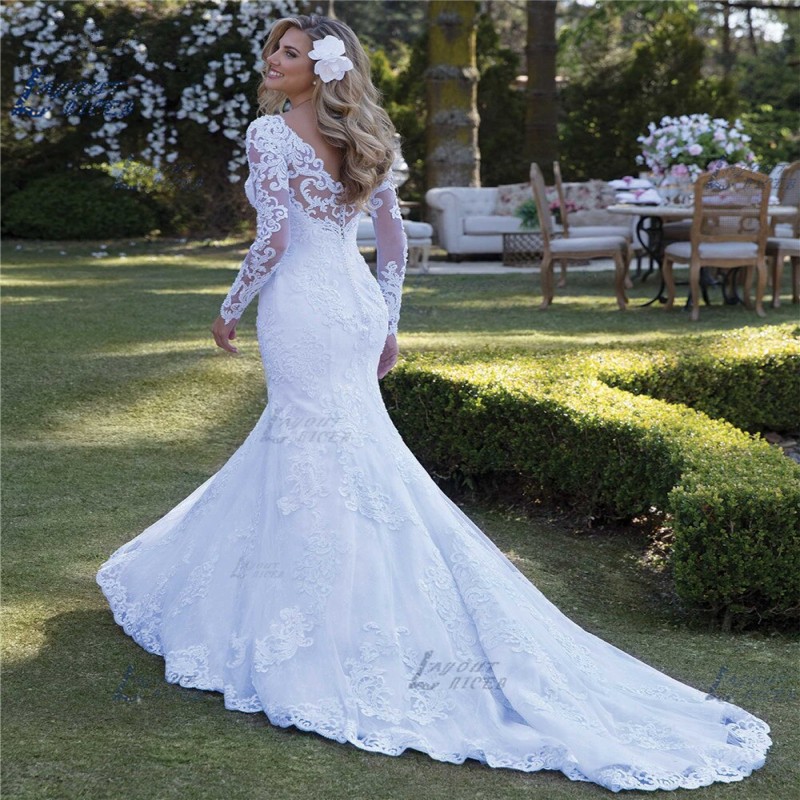 LAYOUT NICEB Lace Mermaid Wedding Dress Long Sleeve Pearls Appliques Gorgesous New Design Bride Dress robe de mariage Vestido De