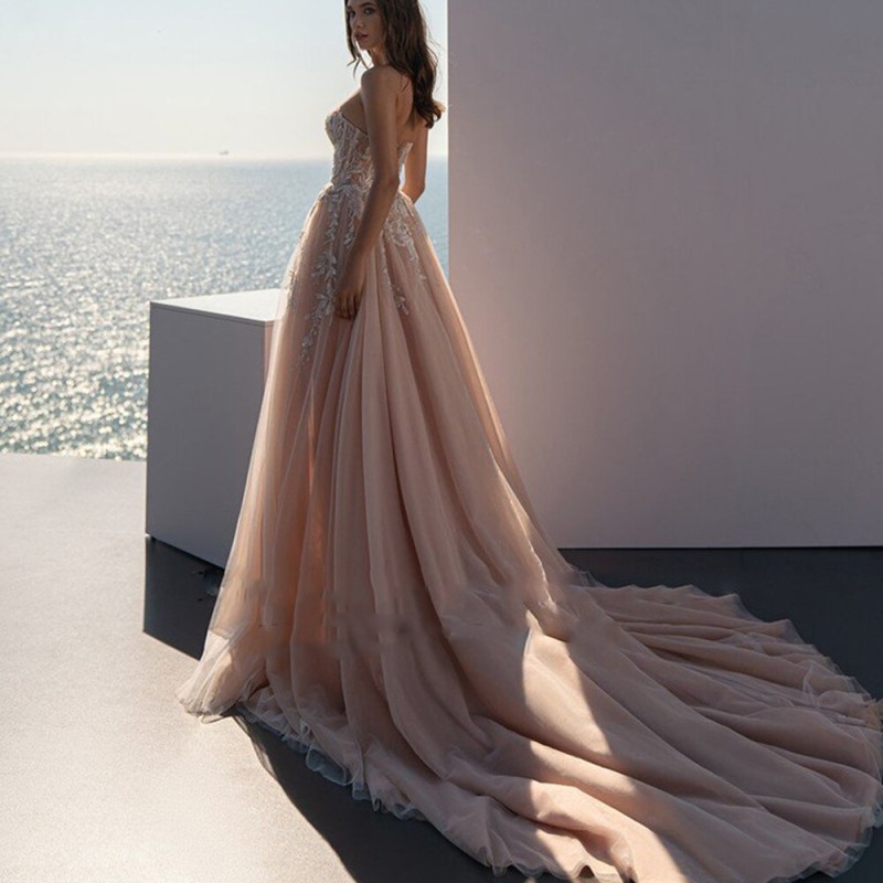 Champagne Beach Sweetheart Wedding Dresses For Women  2022 A Line Appliqued Lace Bridal Dress  Side Split Boho Robe De Mariee