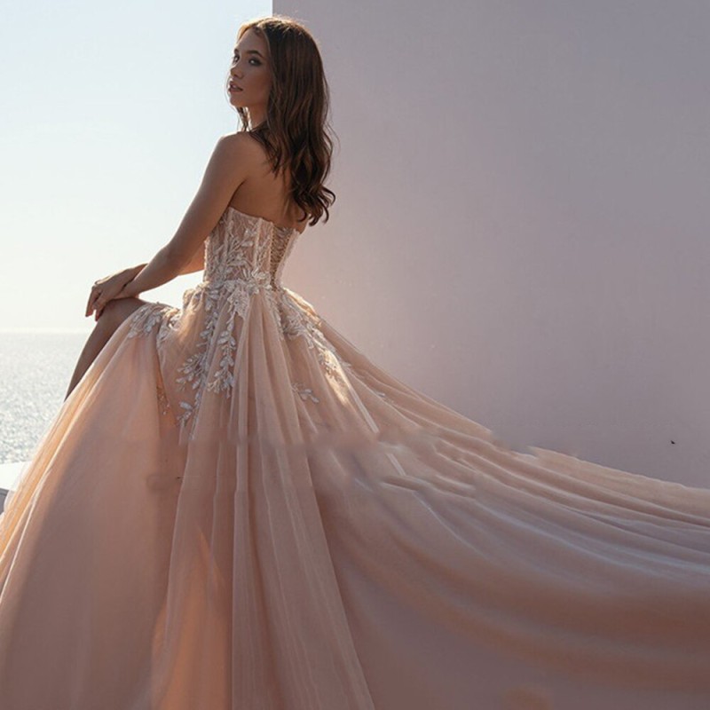 Champagne Beach Sweetheart Wedding Dresses For Women  2022 A Line Appliqued Lace Bridal Dress  Side Split Boho Robe De Mariee