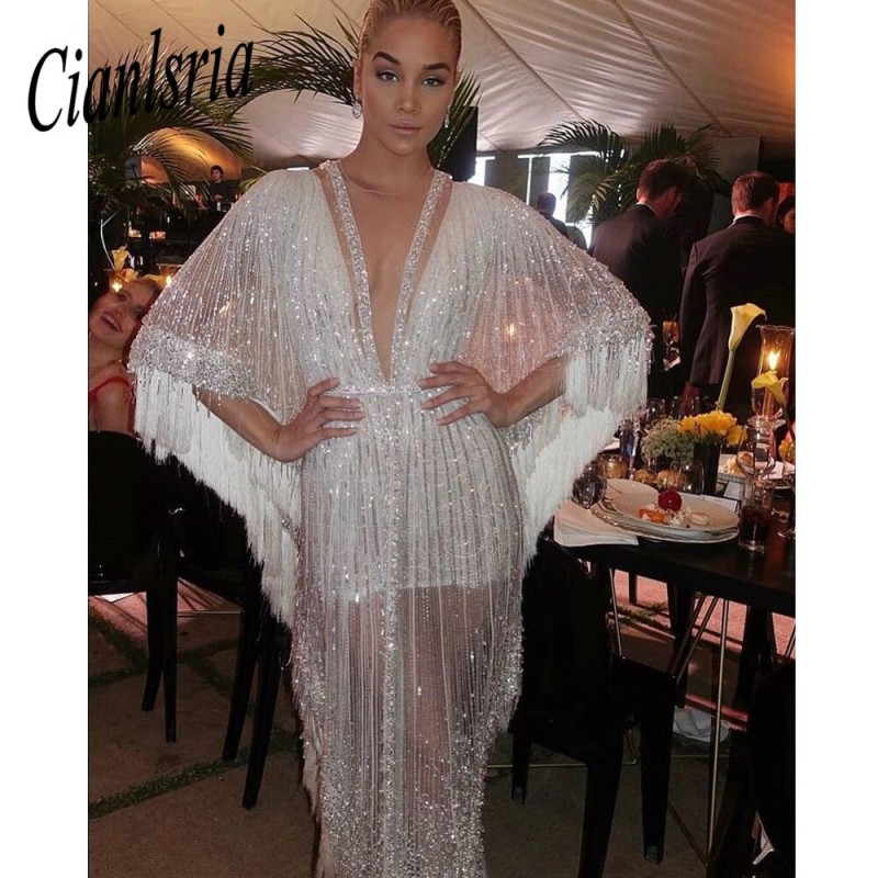 White Illusion Tassel Sequined Dubai Evening Dress Glitter Beading Crystal Saudi Arabic Formal Party Gown