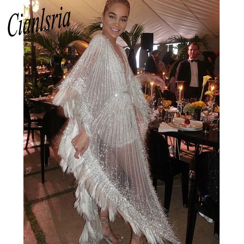 White Illusion Tassel Sequined Dubai Evening Dress Glitter Beading Crystal Saudi Arabic Formal Party Gown