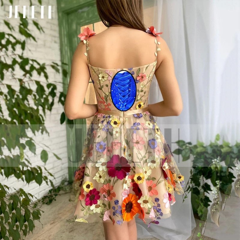 JEHETH Champagne 3D Flowers Tulle Prom Dress Pastoral Homecoming Square Collar A Line Evening Party Gown Mini Robes Se SoirÃƒÂ©e