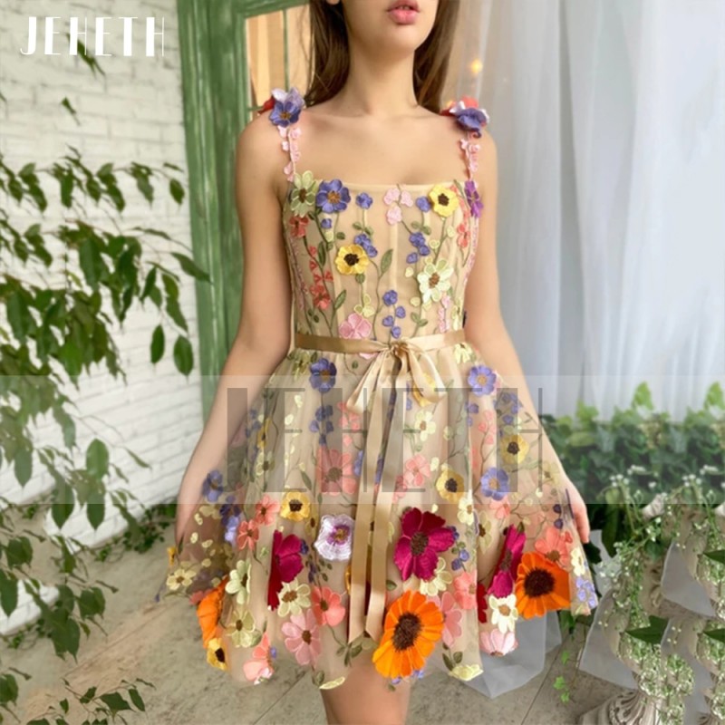 JEHETH Champagne 3D Flowers Tulle Prom Dress Pastoral Homecoming Square Collar A Line Evening Party Gown Mini Robes Se SoirÃƒÂ©e