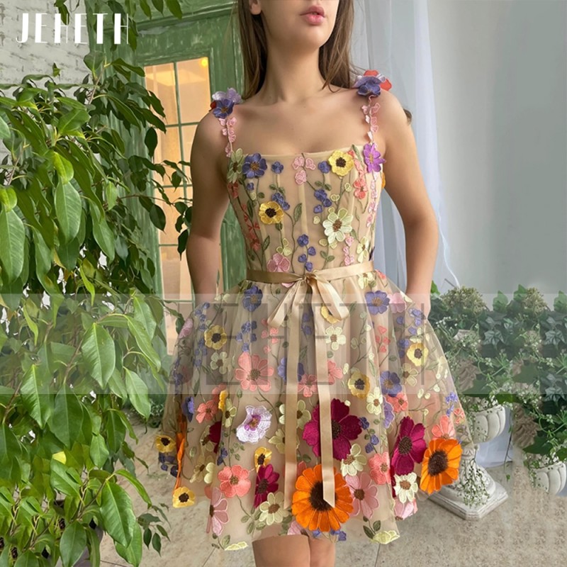 JEHETH Champagne 3D Flowers Tulle Prom Dress Pastoral Homecoming Square Collar A Line Evening Party Gown Mini Robes Se SoirÃƒÂ©e