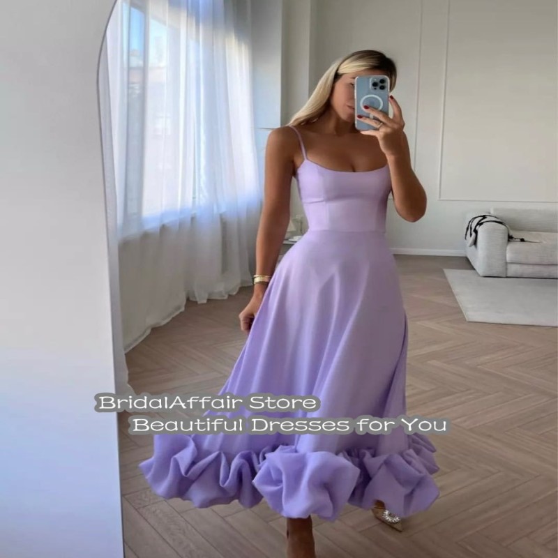 BridalAffairÃ‚Â Spaghetti Straps Stretch Lavender Prom Dresses Ruffles Hem Ankle Length Women Party Evening Gowns Robe de soiree