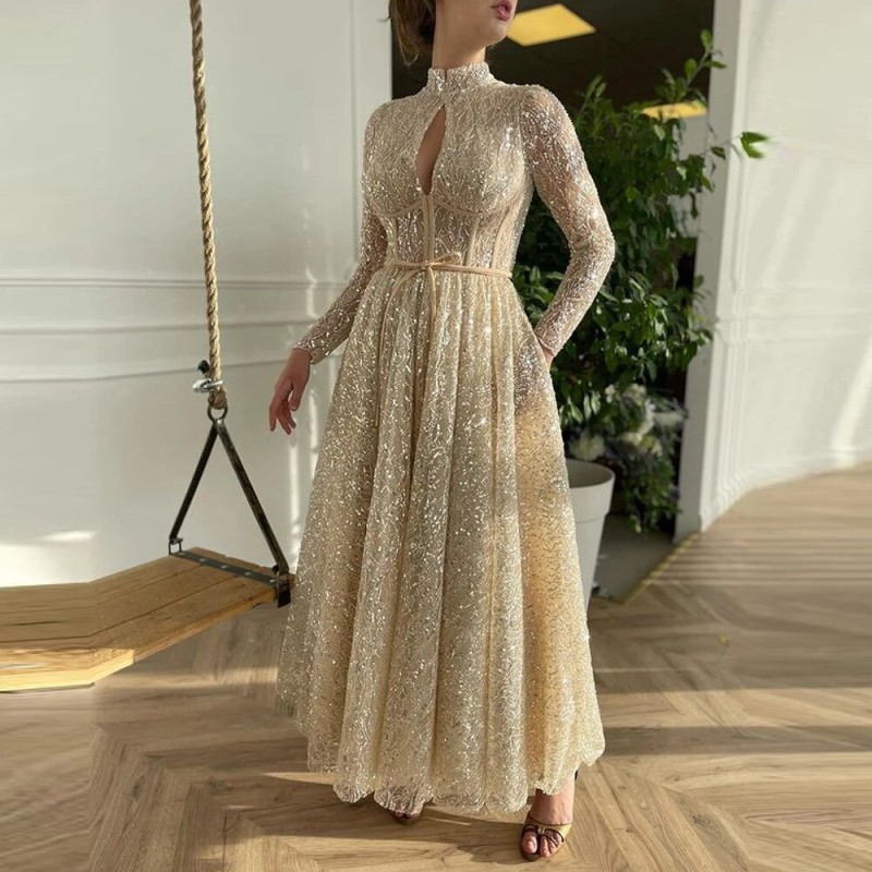 2022 Champagne Lace Glitter A Line Prom Dresses Long Sleeves High Neck Corset Sparkly With Pockets Evening Party Gowns