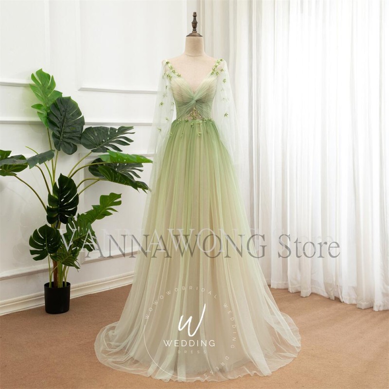 14678#Glitter Gradient Green Prom Dress Dreamy Party Dress Long Sleeve Graduation Gown Deep V Bridal Dress Elegant Evening Dress