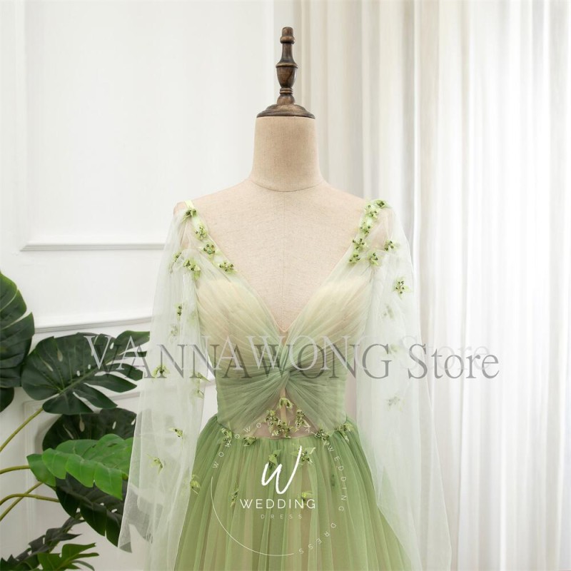 14678#Glitter Gradient Green Prom Dress Dreamy Party Dress Long Sleeve Graduation Gown Deep V Bridal Dress Elegant Evening Dress