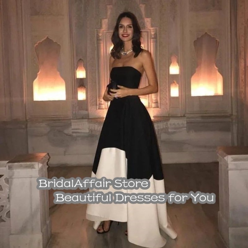 BridalAffair Saudi Arabic Satin Evening Dresses Strapless A-Line Ruched Ruffles Long Prom Dress Dubai Women Formal Party Gowns