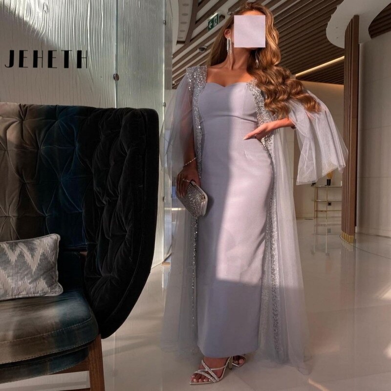 JEHETH Elegant Grey Blue Arabic Evening Dress with Cape Sleeve Ankle Length Dubai Women Formal Party Gown for Wedding Guest