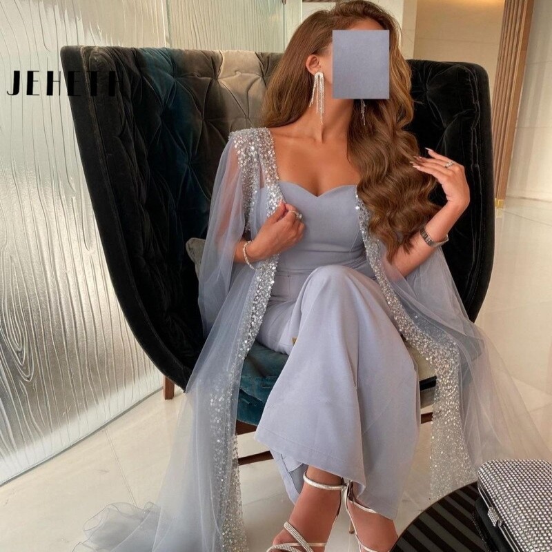 JEHETH Elegant Grey Blue Arabic Evening Dress with Cape Sleeve Ankle Length Dubai Women Formal Party Gown for Wedding Guest
