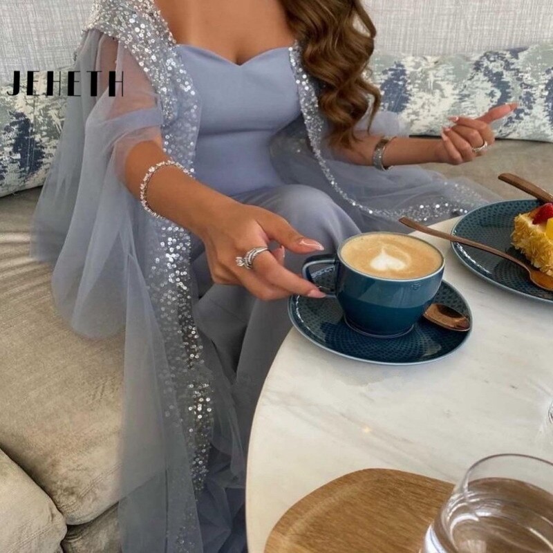 JEHETH Elegant Grey Blue Arabic Evening Dress with Cape Sleeve Ankle Length Dubai Women Formal Party Gown for Wedding Guest