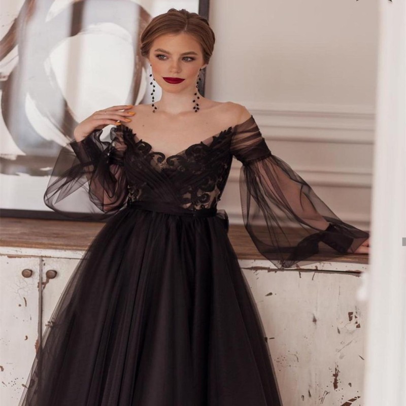 LSYX Black Princess Evening Dress 2023 A-Line Illusion Long Sleeve V-Neck Lace Appliques Ankle-Length Elegant Party Prom Gown