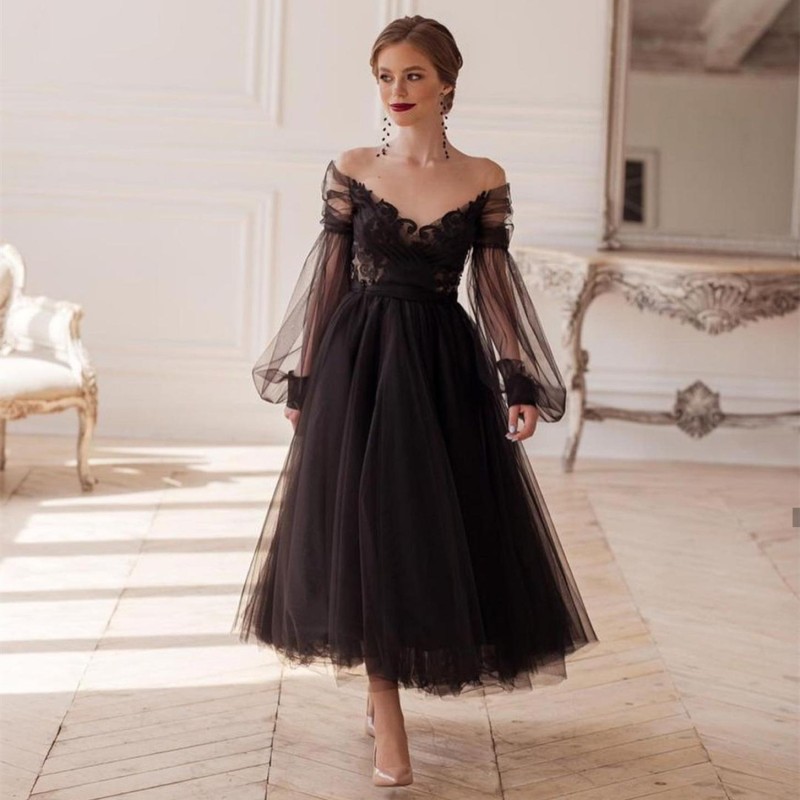 LSYX Black Princess Evening Dress 2023 A-Line Illusion Long Sleeve V-Neck Lace Appliques Ankle-Length Elegant Party Prom Gown
